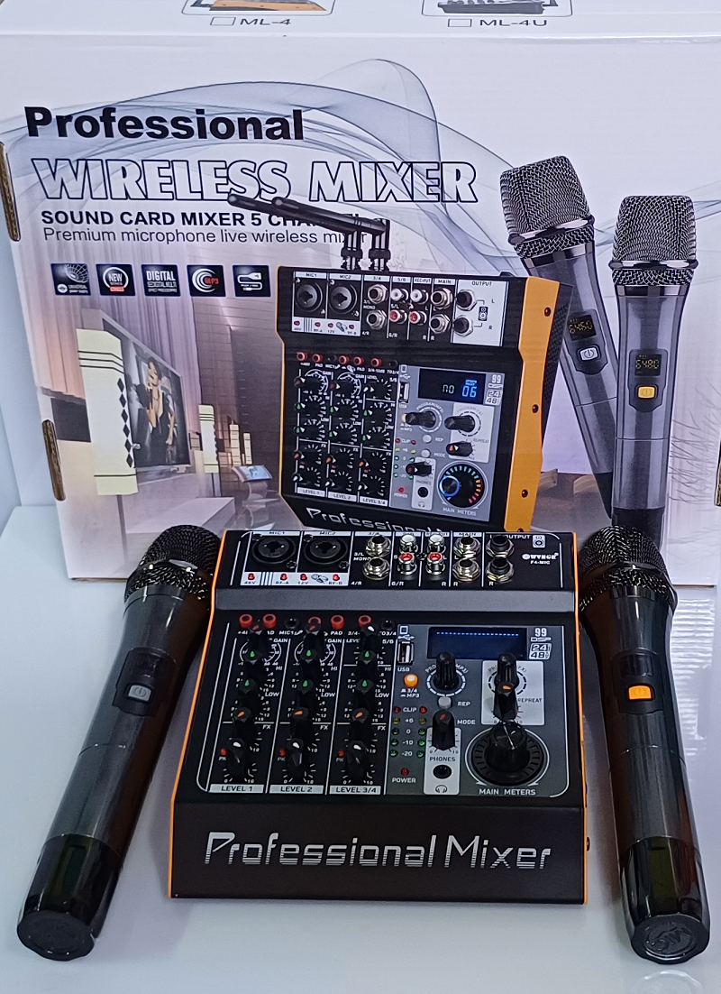 mixer new2 پاور میکسر 4 کانال 99 افکت با میکروفن بیسیم PROFESSIONAL MIXER F_4MIC DSP99 - Image 1